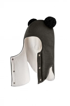 Зимняя шапочка шлем Corona.hm "Пандочка с черными помпонами" на кнопочках графит