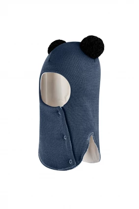 Зимняя шапочка шлем Corona.hm "Пандочка с черными помпонами" на кнопочках джинс