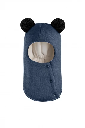 Зимняя шапочка шлем Corona.hm "Пандочка с черными помпонами" на кнопочках джинс