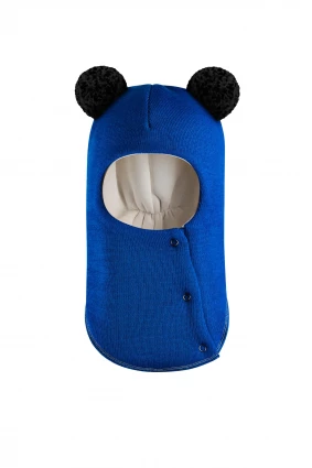 Зимняя шапочка шлем Corona.hm "Пандочка с черными помпонами" на кнопочках электрик