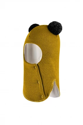 Зимова шапочка-шолом Corona.hm "Пандочка з чорними помпонами" на кнопочках медовий