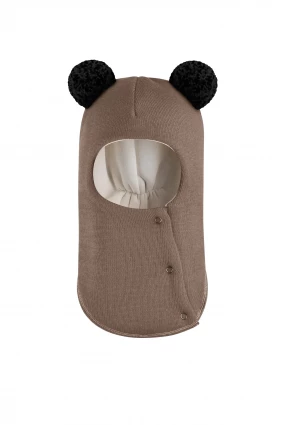 Зимняя шапочка шлем Corona.hm "Пандочка с черными помпонами" на кнопочках молочный шоколад