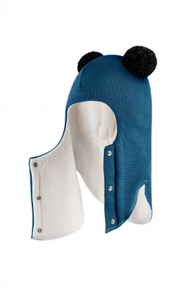 Зимняя шапочка шлем Corona.hm "Пандочка с черными помпонами" на кнопочках морская волна