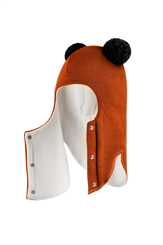 Зимняя шапочка шлем Corona.hm "Пандочка с черными помпонами" на кнопочках оранж