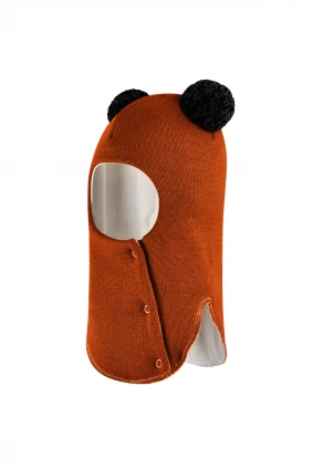 Зимняя шапочка шлем Corona.hm "Пандочка с черными помпонами" на кнопочках оранж