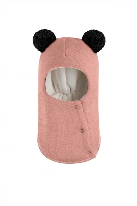 Зимова шапочка-шолом Corona.hm "Пандочка з чорними помпонами" на кнопочках пудра