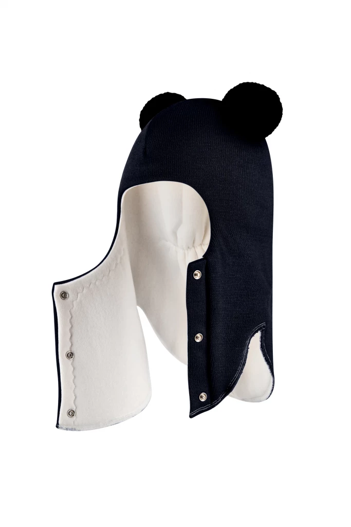 Зимняя шапочка шлем Corona.hm "Пандочка с черными помпонами" на кнопочках синий бархат