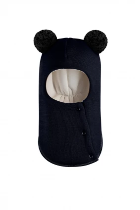 Зимняя шапочка шлем Corona.hm "Пандочка с черными помпонами" на кнопочках синий бархат