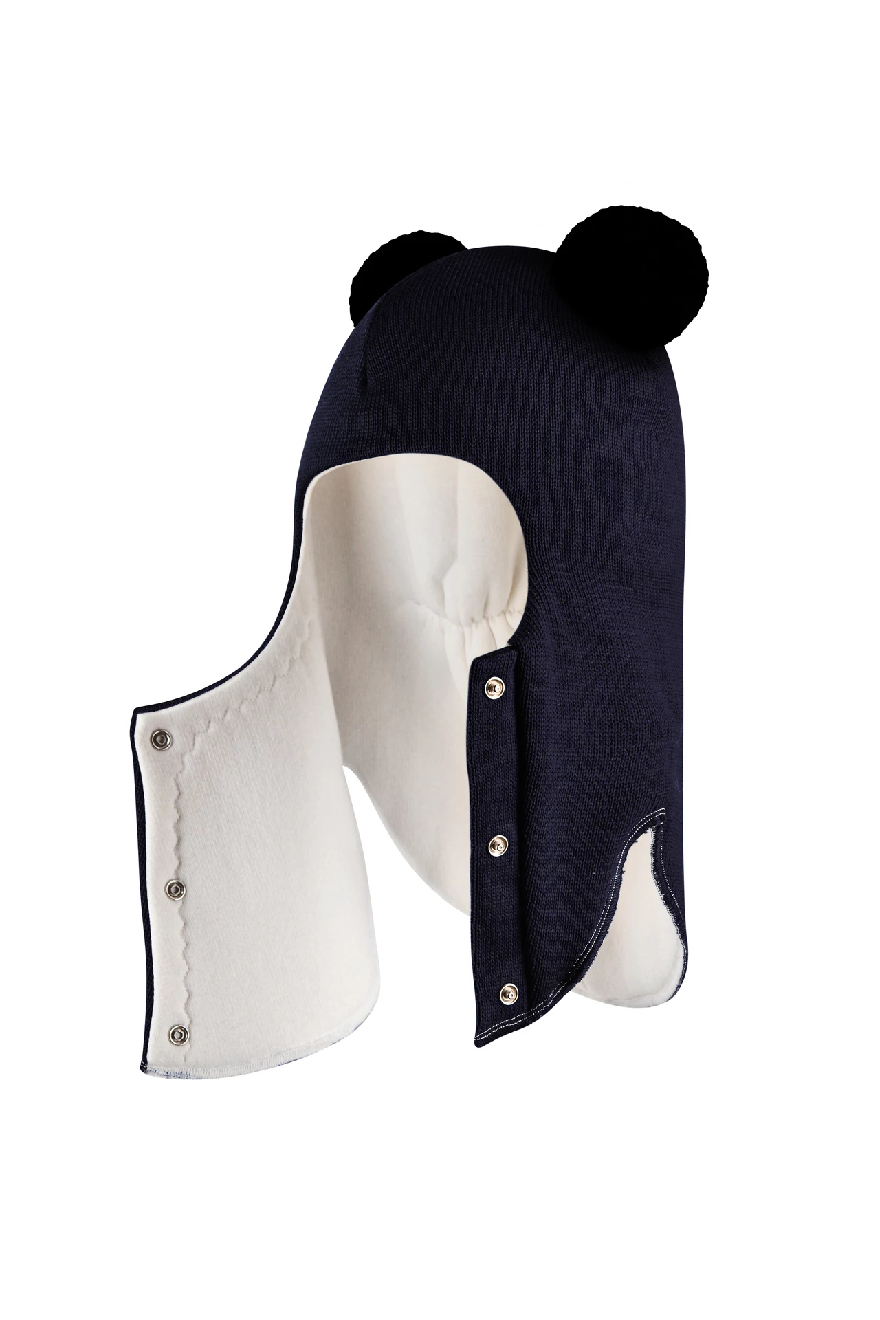 Зимова шапочка-шолом Corona.hm "Пандочка з чорними помпонами" на кнопочках синій