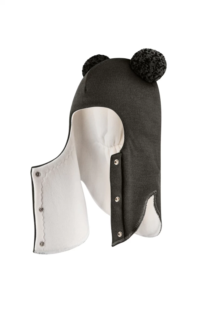 Зимняя шапочка шлем Corona.hm "Пандочка с помпонами МЕЛАНЖ" на кнопочках графит