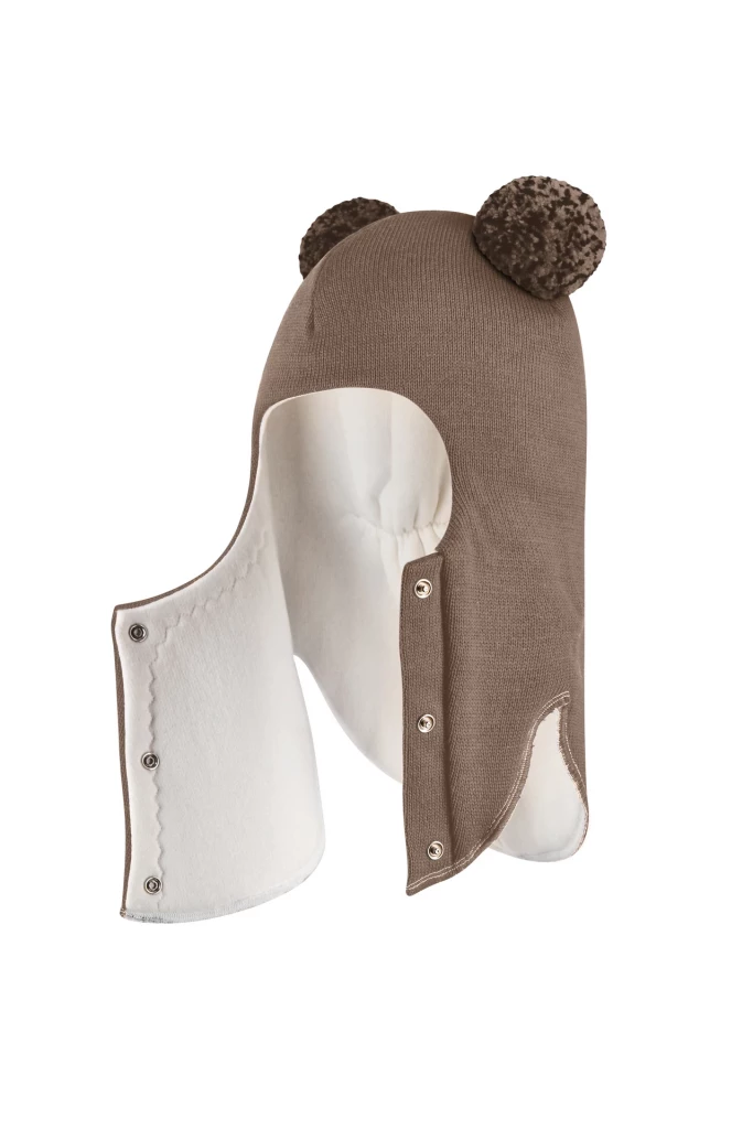 Зимова шапочка-шолом Corona.hm "Пандочка з помпонами МЕЛАНЖ" на кнопочках молочний шоколад