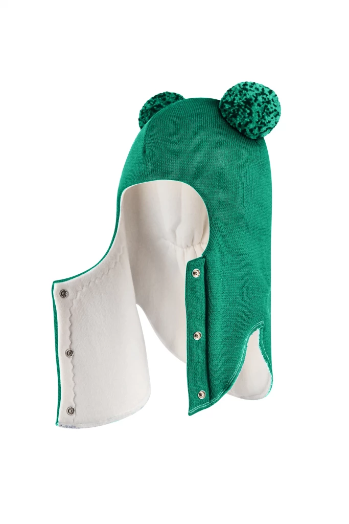 Зимняя шапочка шлем Corona.hm "Пандочка с помпонами МЕЛАНЖ" на кнопочках изумруд