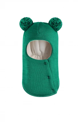 Зимняя шапочка шлем Corona.hm "Пандочка с помпонами МЕЛАНЖ" на кнопочках изумруд
